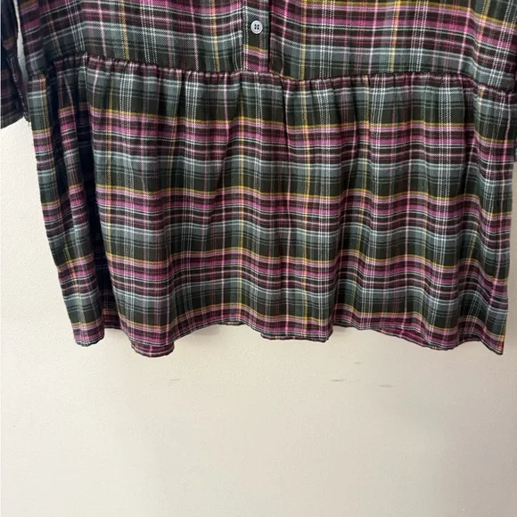 LOFT Multicolor Plaid Flounce Shirt Dress, colors green/pink/yellow, size MP - Picture 6 of 8